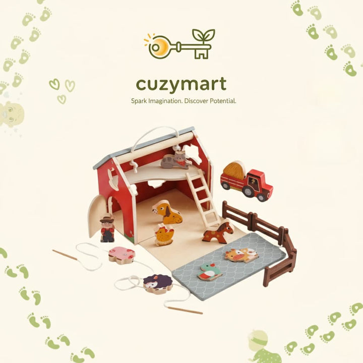Wooden toy barn set with animals and a truck, branded 'cuzymart'.