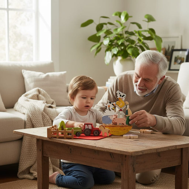 Grandfather and grandson playing with wooden toys on a coffee table in a living room.