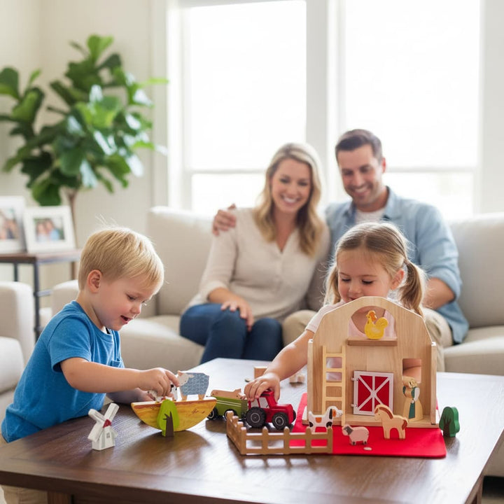 Family playing with toy farm set on a table in a living room.