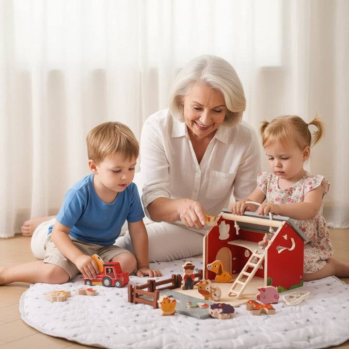Grandmother and two children playing with toys on a rug