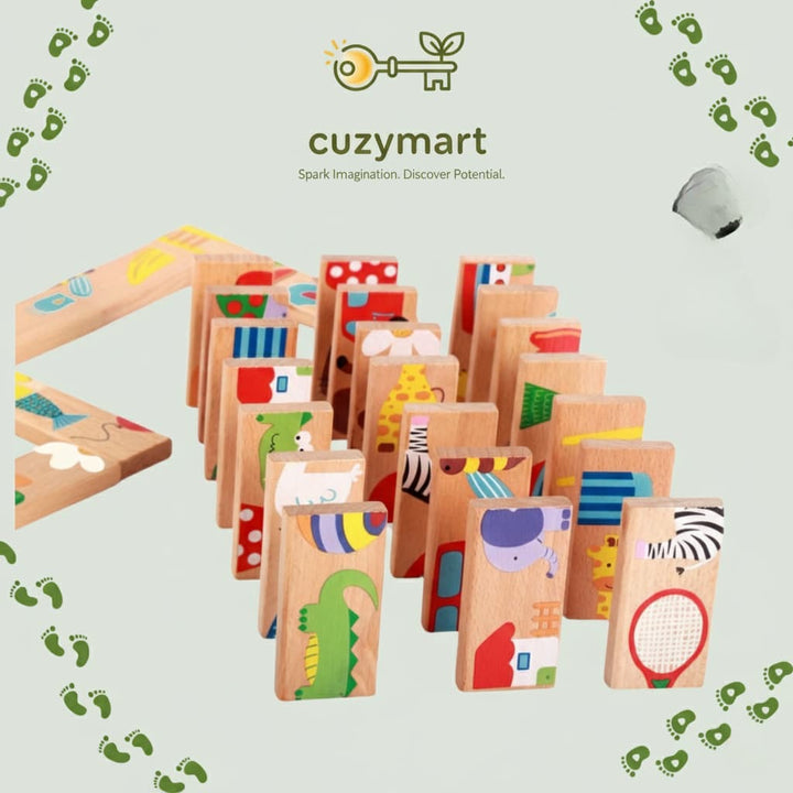 Set of wooden blocks with colorful designs on a light gray background, featuring the brand 'cuzymart'.
