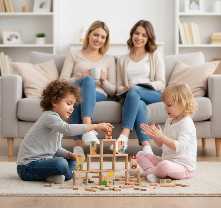 Two women sitting on a couch with two children playing with wooden blocks in a living room.