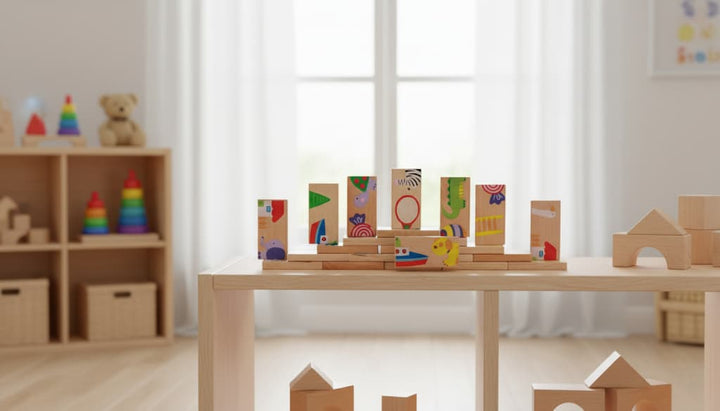 Children's wooden toys on a table with a shelf in the background