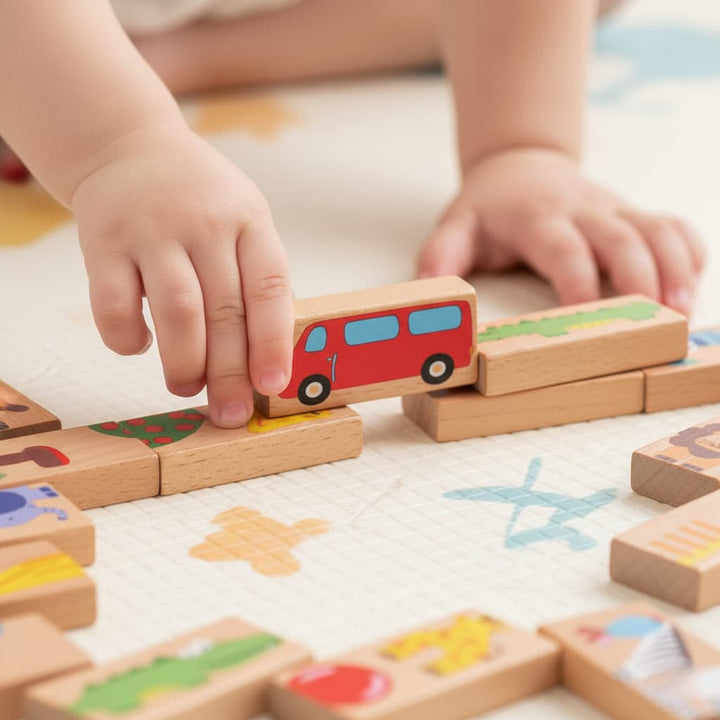 Child playing with wooden blocks on a colorful surface