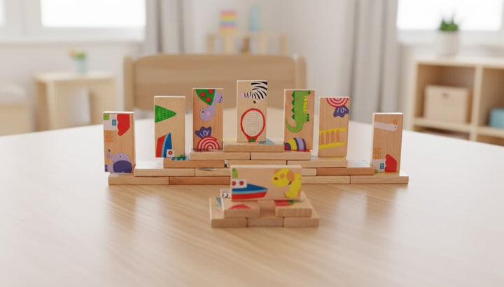 Colorful wooden blocks with animal prints on a light wooden surface