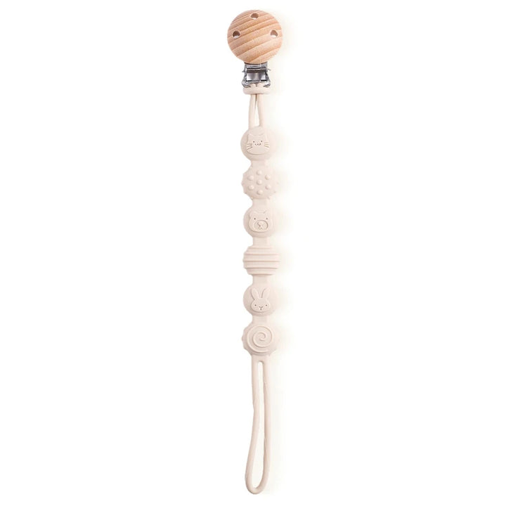 Decorative white beaded hanging accessory with wooden bead on a white background