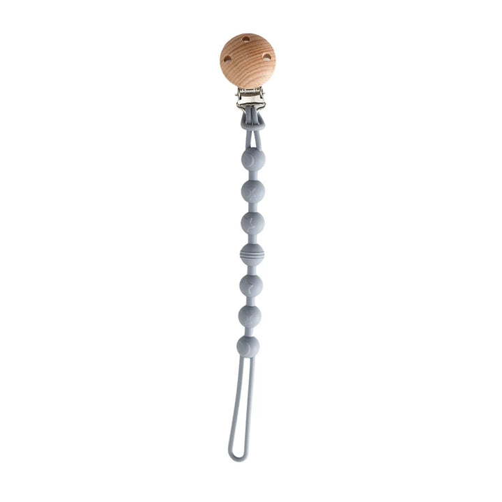 Pacifier clip with wooden top and gray beads on a white background