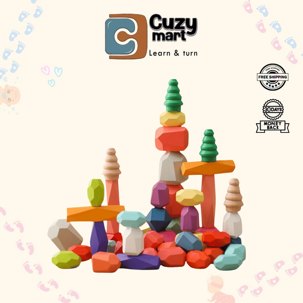 Wooden Rainbow Stones Building Blocks Colorful Wood Toy