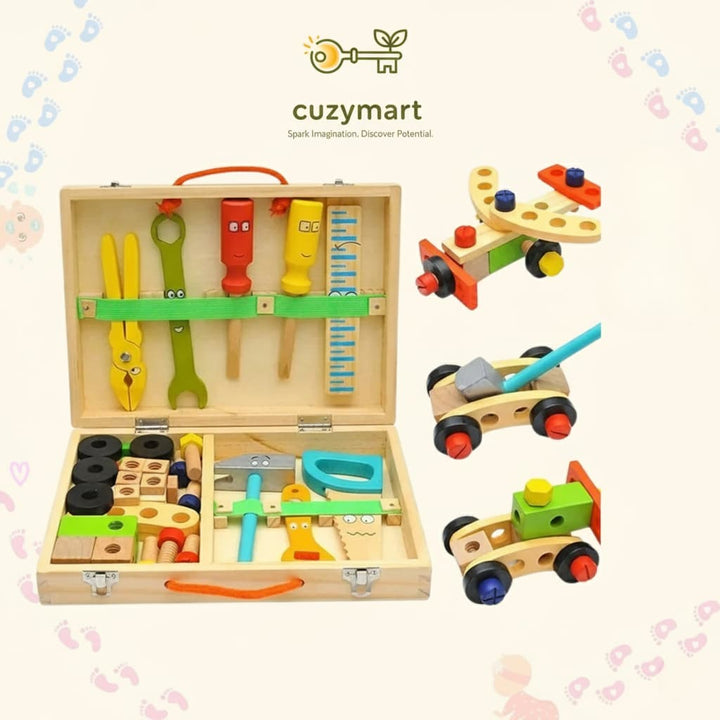 Wooden toy tool set with tools and accessories in a box, branded 'cuzymart'.