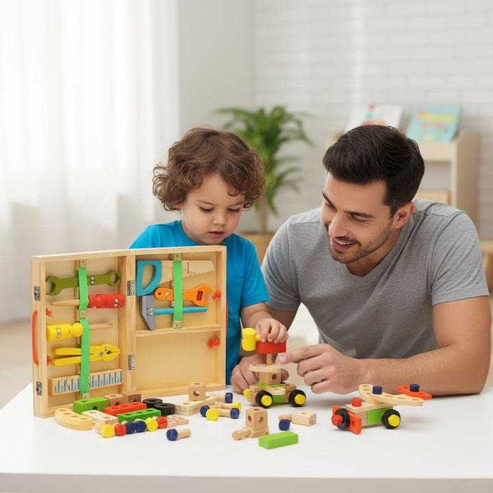 Man and child playing with a wooden tool set and toy cars in a bright room.