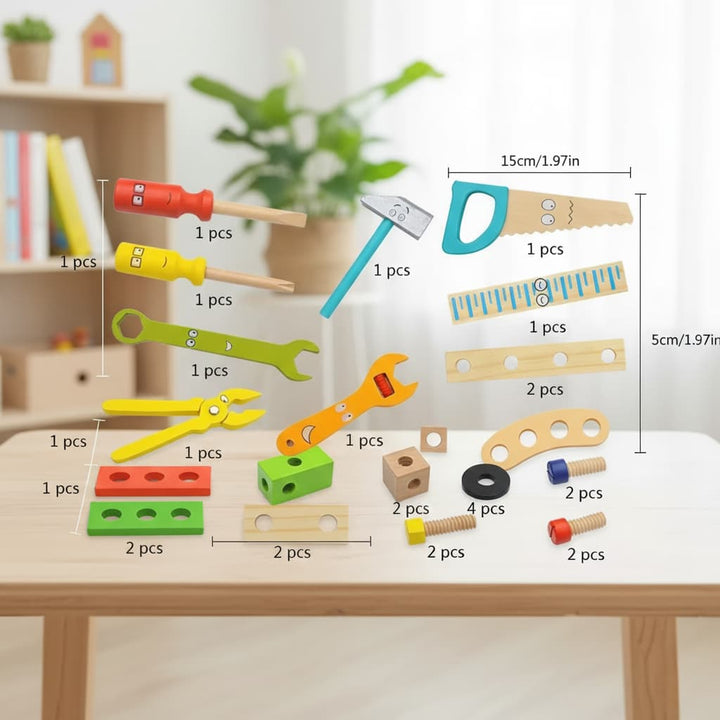 Set of colorful toy tools with measurements on a table