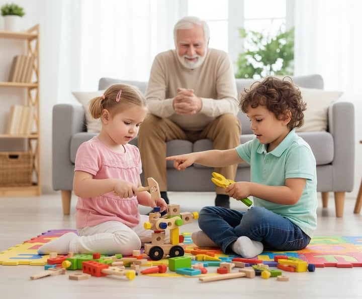 Two children playing with toys on the floor in a living room with an older man watching.