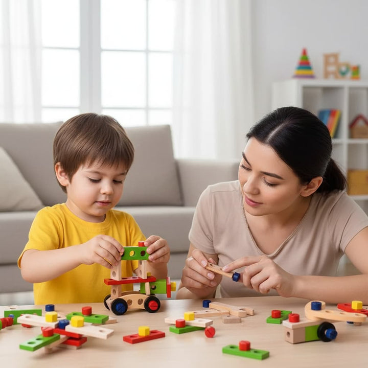 Woman and child playing with wooden toys on a table in a bright room.