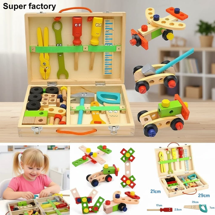 Wooden toy tool set with tools and construction pieces, including a child playing with it.