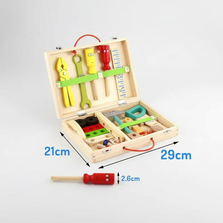Wooden toy tool set with measurements on a light gray background