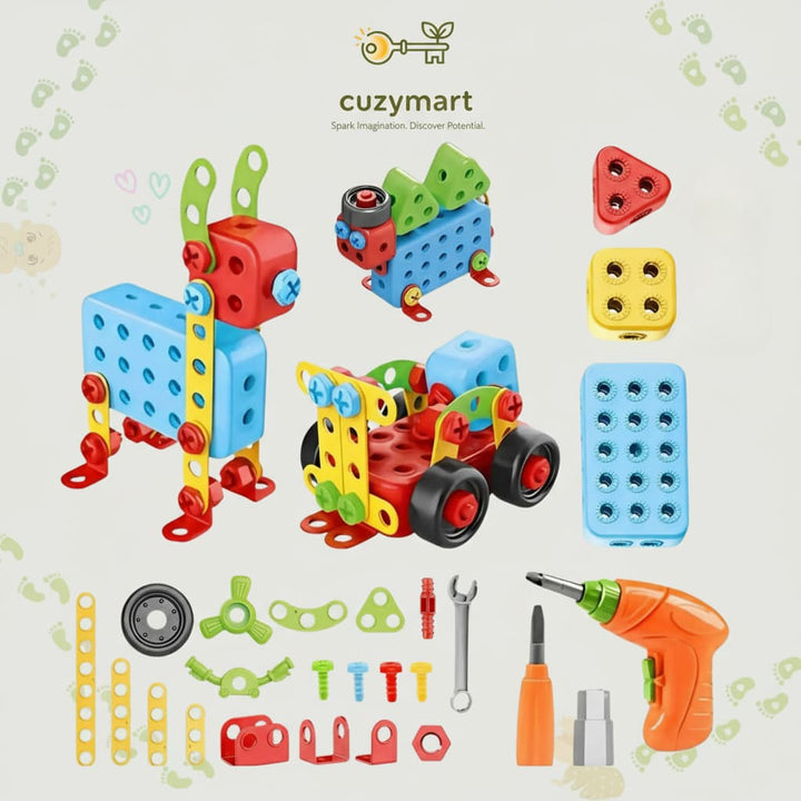 Colorful toy construction set with tools on a light background, featuring the brand 'cuzymart'.