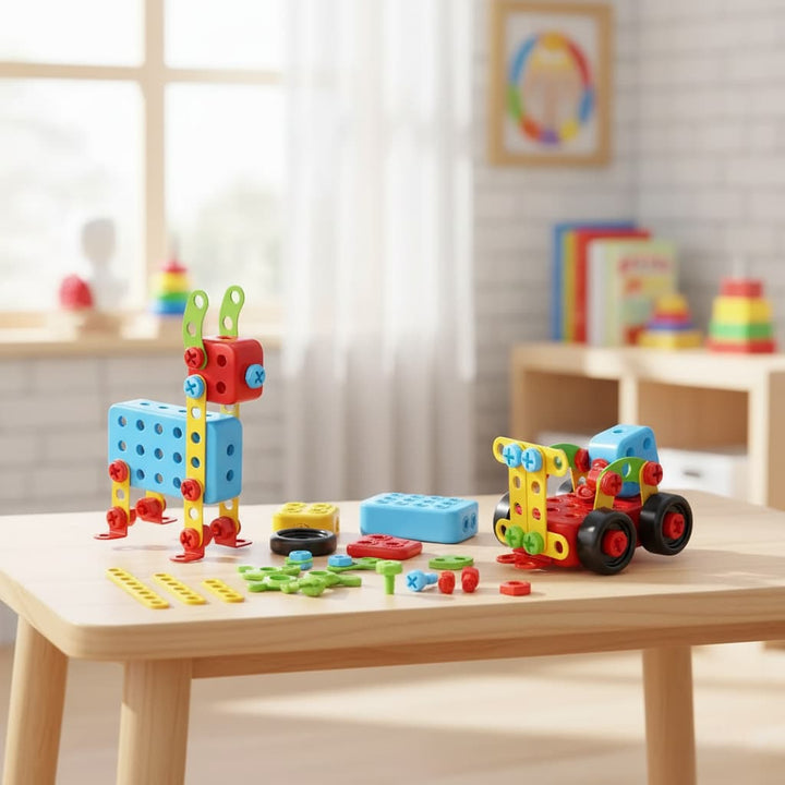 Colorful building blocks on a wooden table with a child-friendly room background