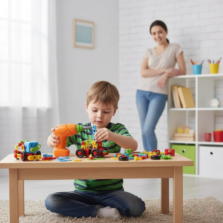 Child playing with building blocks at a table with a woman standing in the background.