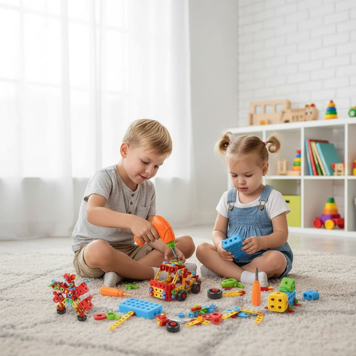 Two children playing with colorful building blocks on a carpeted floor.