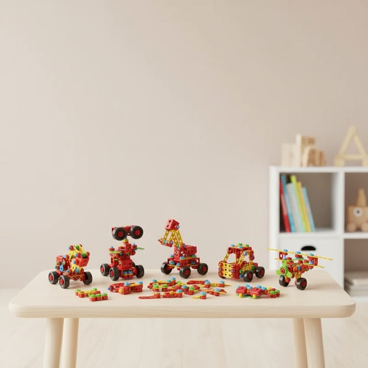 Colorful toy building blocks on a wooden table with a neutral background