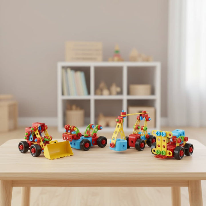 Colorful toy construction vehicles on a wooden table with a blurred background