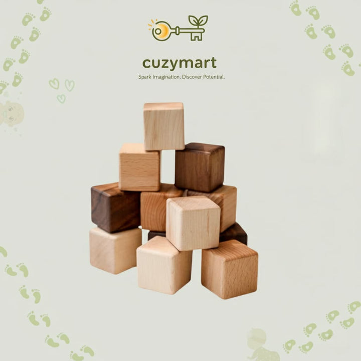 Stack of wooden blocks with cuzymart logo on a light background