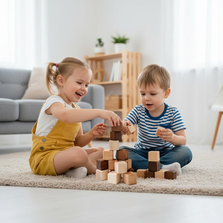 Two children playing with wooden blocks on a carpeted floor in a living room.