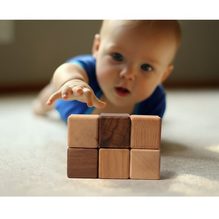 Baby playing with wooden blocks on a light surface