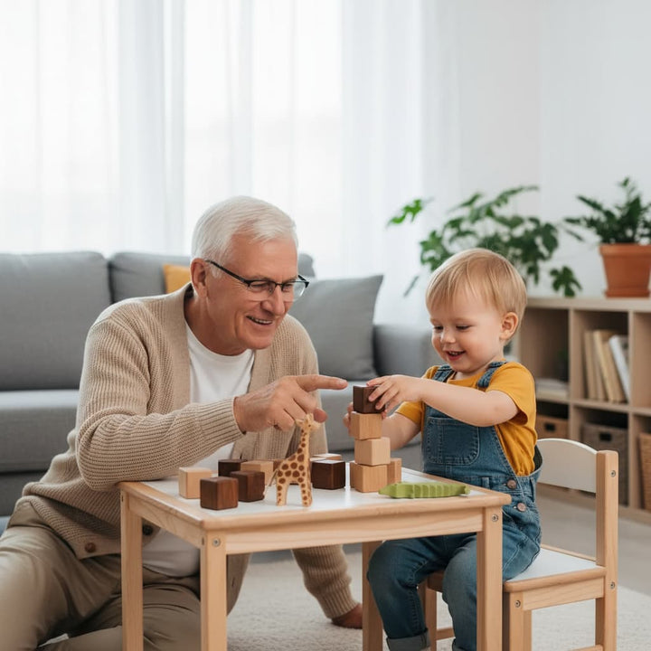 Grandfather and grandson playing with wooden blocks at a table in a living room.
