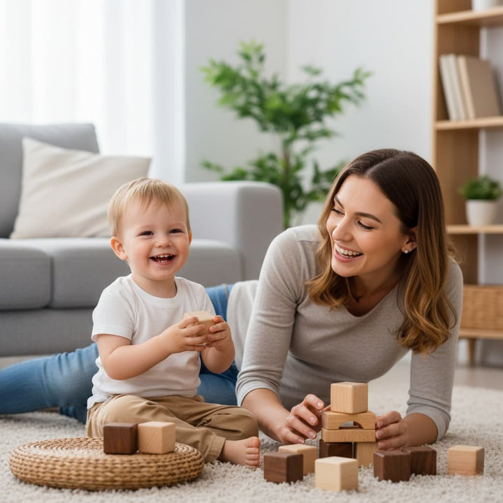 Woman and child playing with wooden blocks on a carpeted floor in a living room.