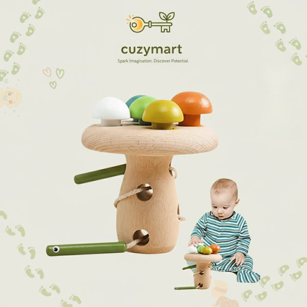 Montessori Wooden Mushroom Threading Toy