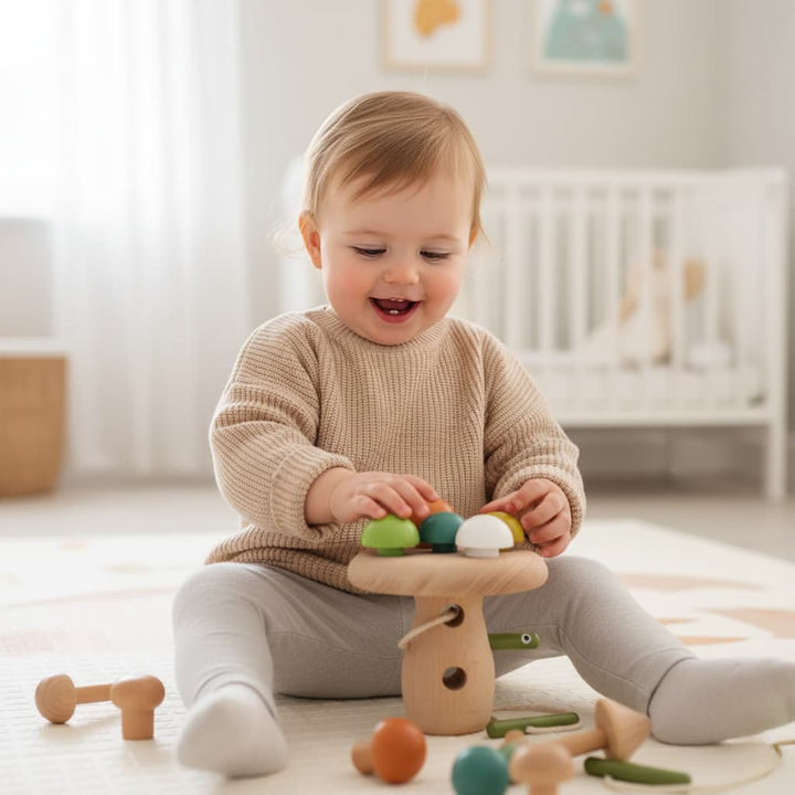 Child playing with wooden toys in a bright room