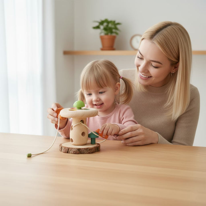 Woman and child playing with a wooden toy at a table