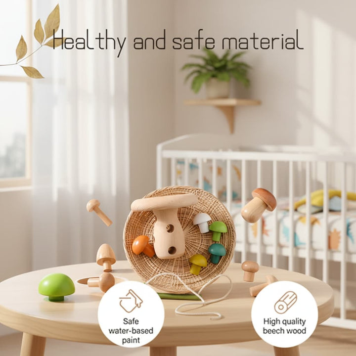 Children's toys on a table with a crib in the background, emphasizing healthy and safe material.