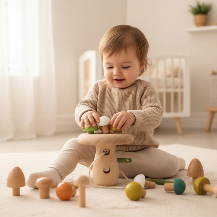 Child playing with wooden toys in a bright room