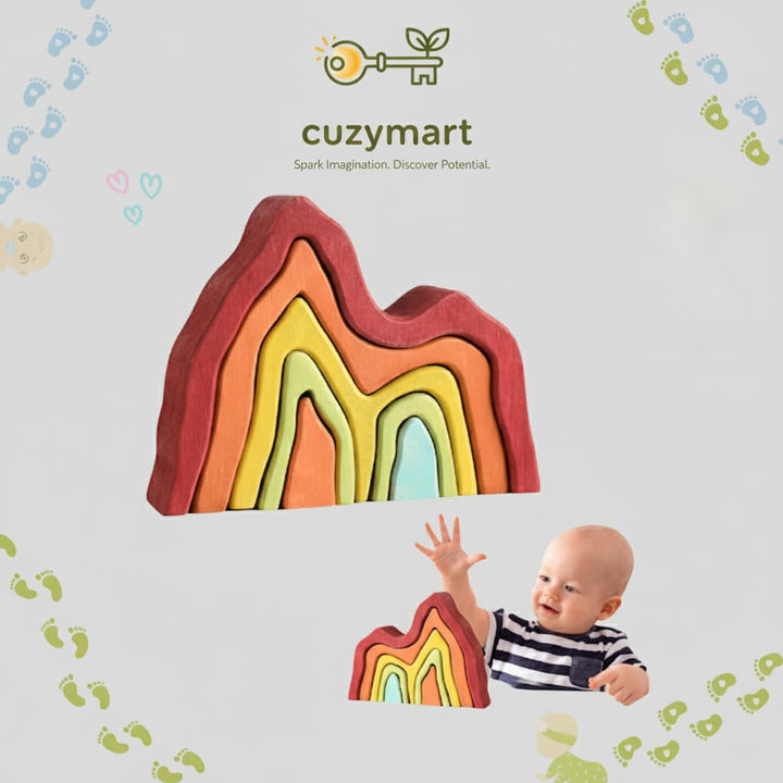 Colorful rainbow-shaped wooden toy with a baby reaching out to it, branded 'cuzymart'.