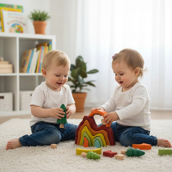 Two children playing with colorful wooden toys on a carpeted floor.