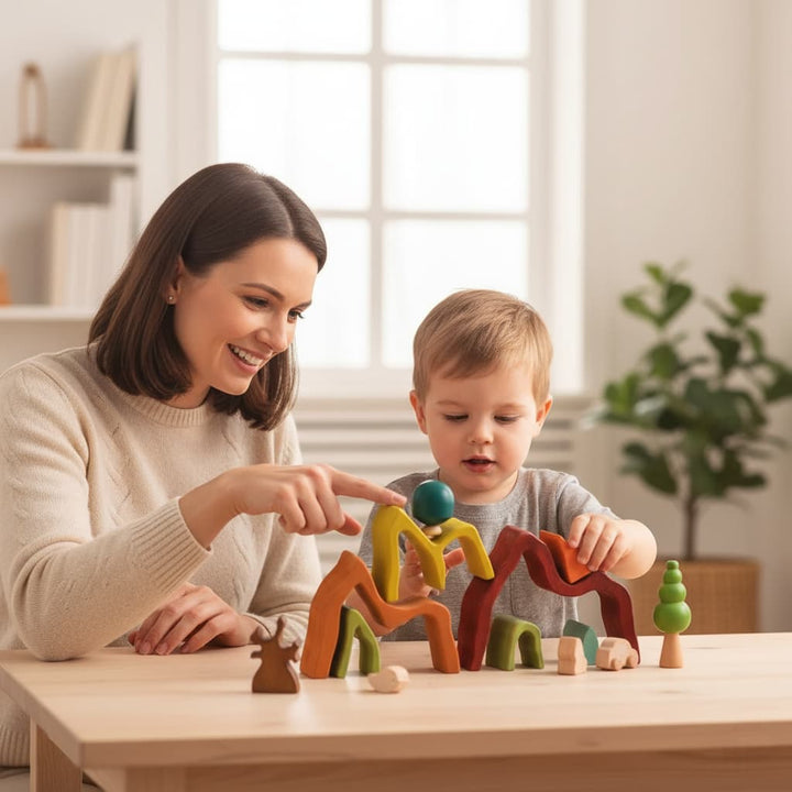 Woman and child playing with colorful wooden toys at a table in a bright room.