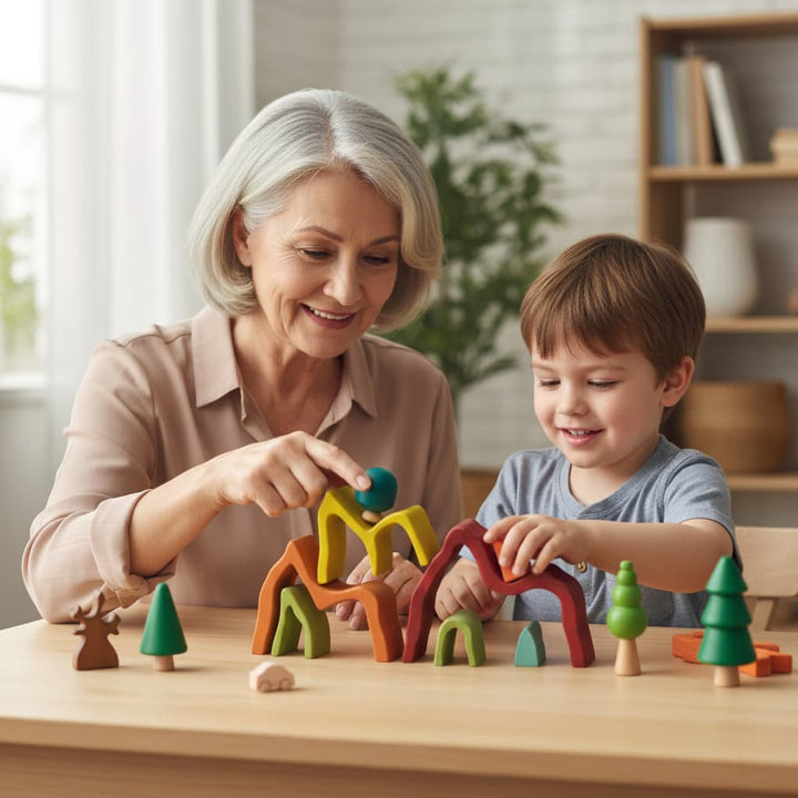 Grandmother and grandson playing with colorful wooden toys on a table.