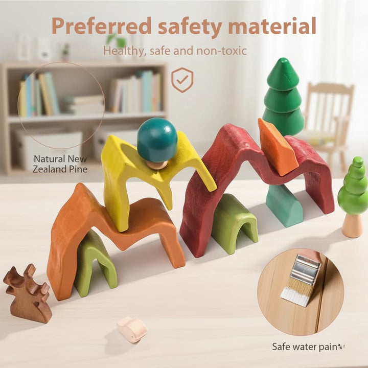 Colorful wooden toys with a brush and text about safety material and water paint.