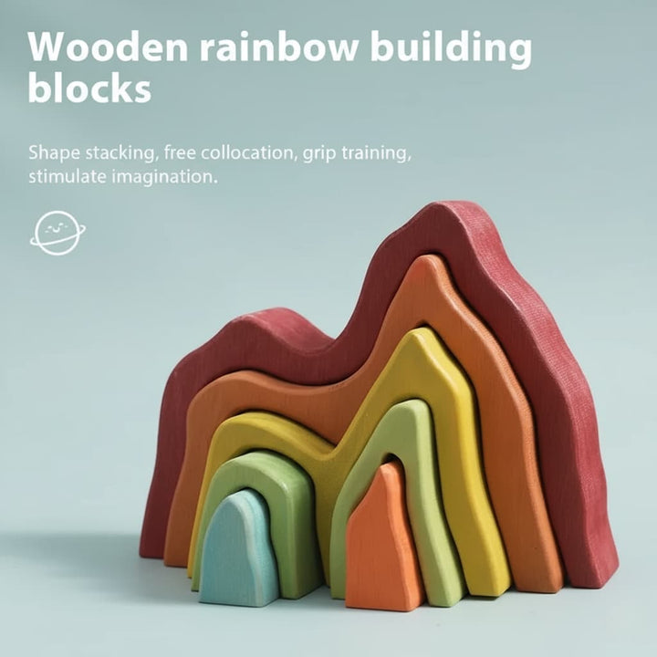 Stack of colorful wooden building blocks on a light blue background with text about their benefits.