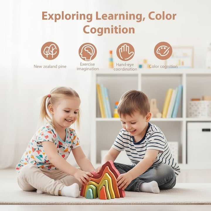Two children playing with colorful building blocks in a room with shelves in the background.