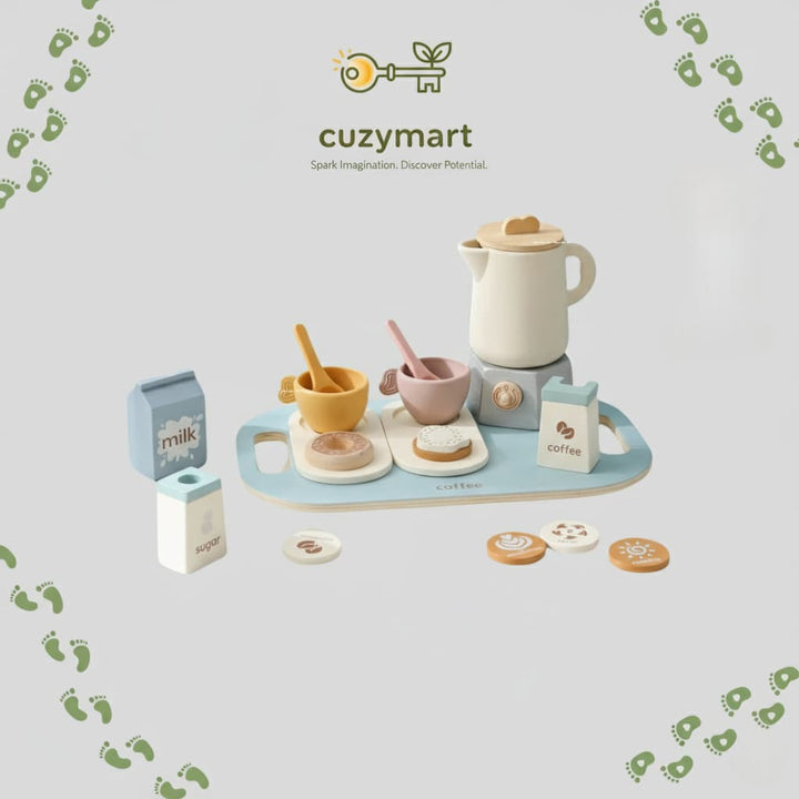 Children's play kitchen set with toys and 'cuzymart' branding on a light gray background.