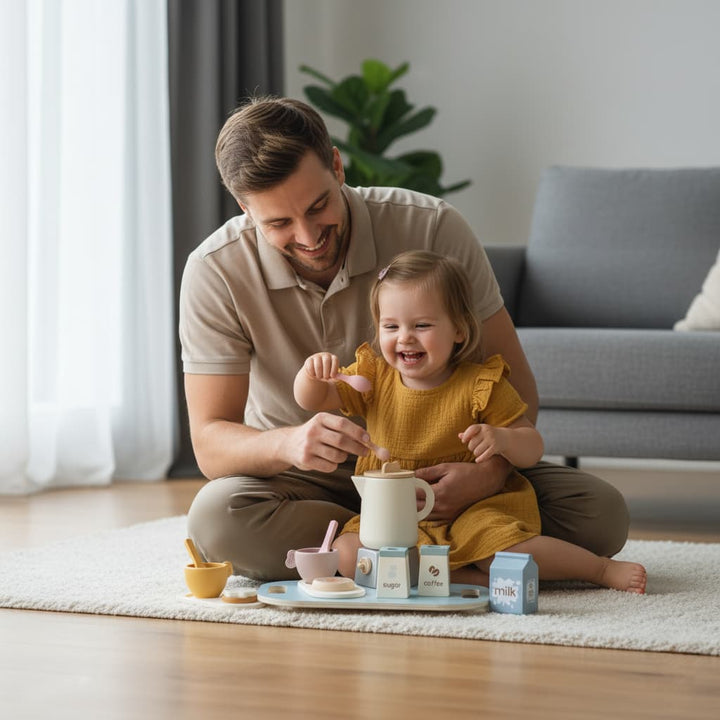 Man and young child playing with toys on a rug in a living room
