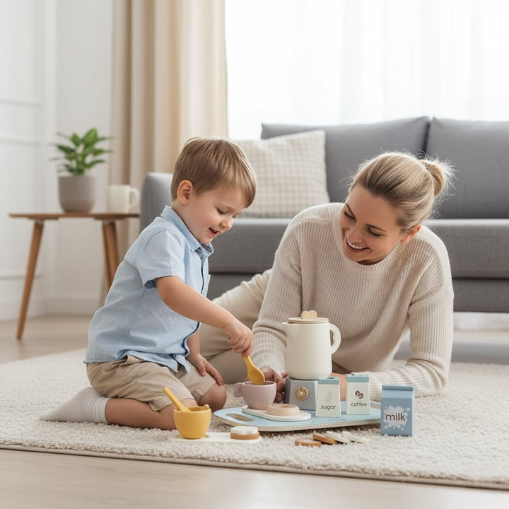 Woman and child playing with toy kitchen set on a rug in a living room.