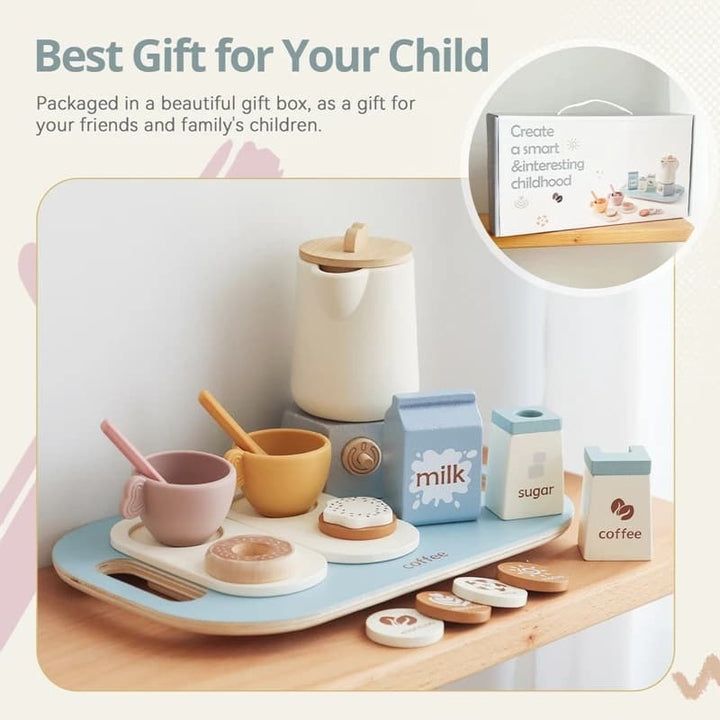 Children's play kitchen set with toy food and utensils, packaged in a gift box.