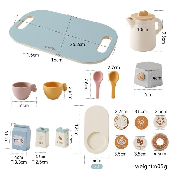 Set of miniature kitchen items with measurements and dimensions displayed.