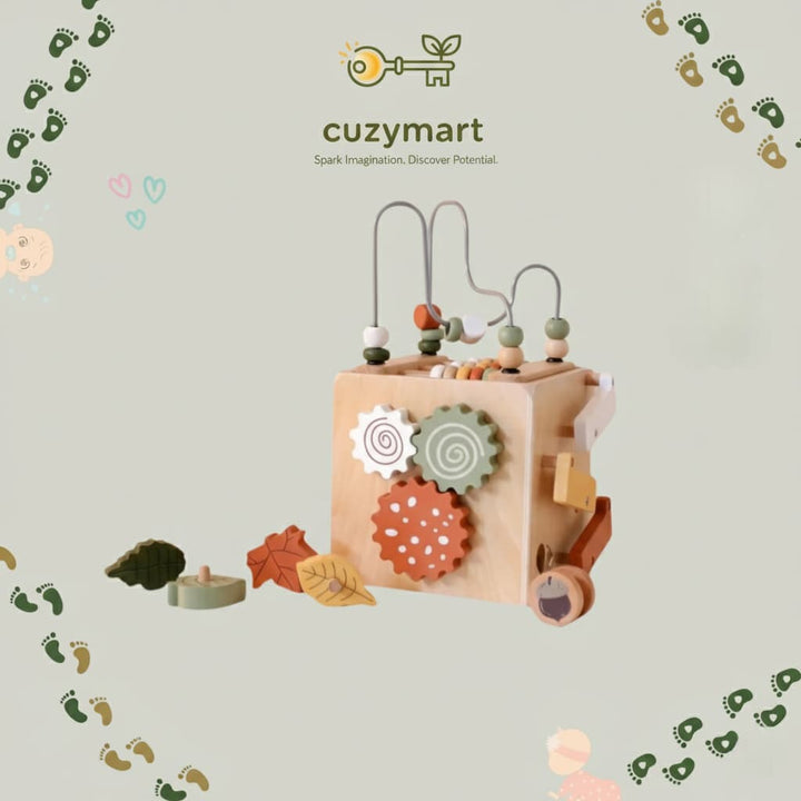 Wooden toy with gears on a light gray background, featuring the 'cuzymart' brand.