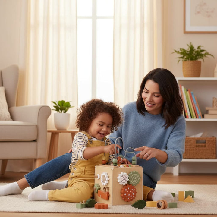Woman and child playing with wooden toys on a rug in a living room.