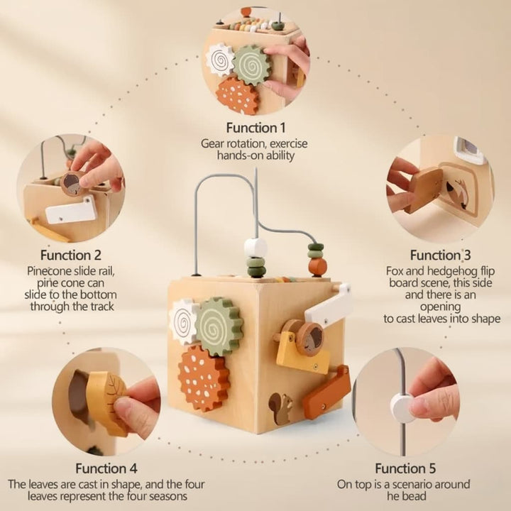 Wooden educational toy with various functions labeled on a beige background